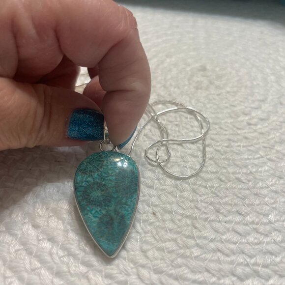 Natural TEAL FOSSIL CORAL Handmade Sterling 925 Pendant/Chain #310D - Picture 2 of 3